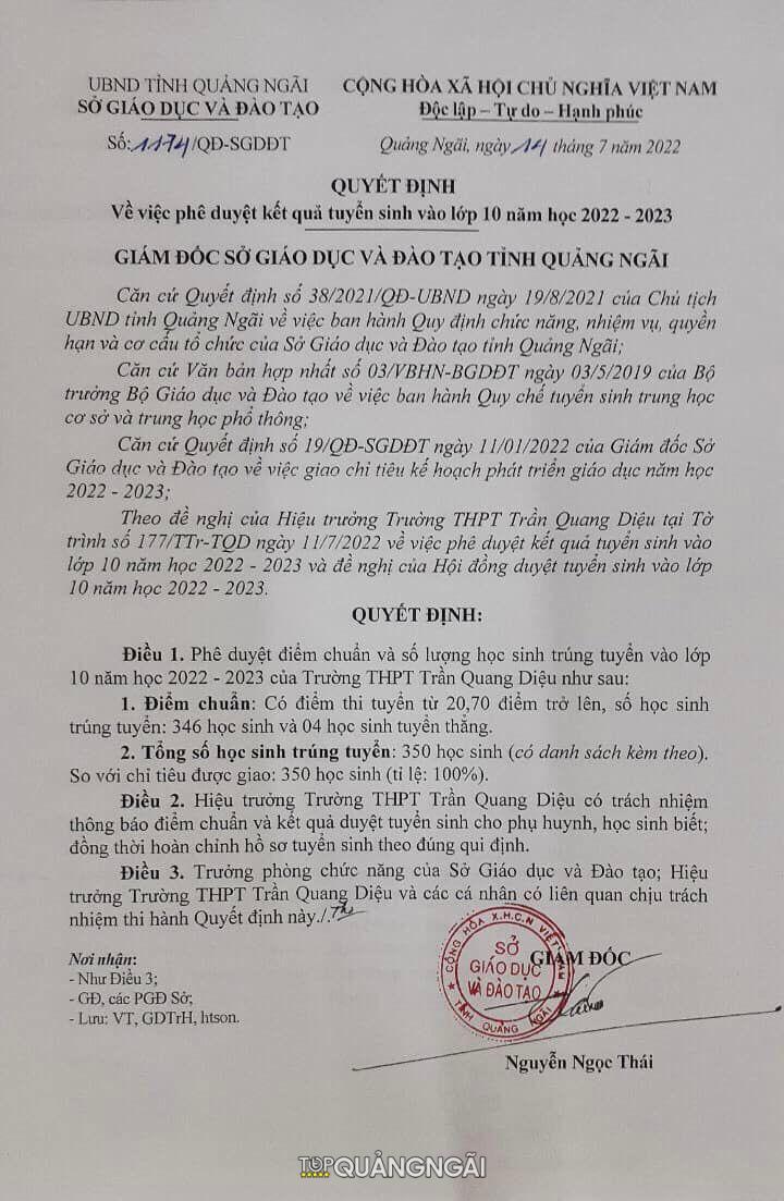 Điểm tuyển sinh vào lớp 10 tỉnh Quảng Ngãi năm 2022